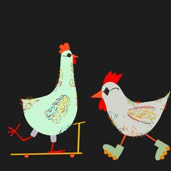 crazy funny chicken on a scooter goes to meet funny easter chicken on rollerblades 