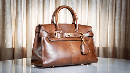 A high-resolution image of a luxury leather handbag with gold hardware, placed on a clean, minimalist surface
