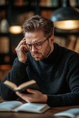 Focused man reading a book in a cozy library