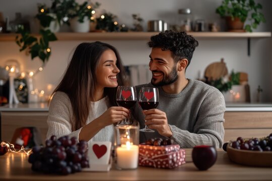 A young couple clinking red wine glasses in their kitchen on Valentine's Day, surrounded by candles and gift boxes with heart stickers, capturing the warmth of love during a dinner at home.
