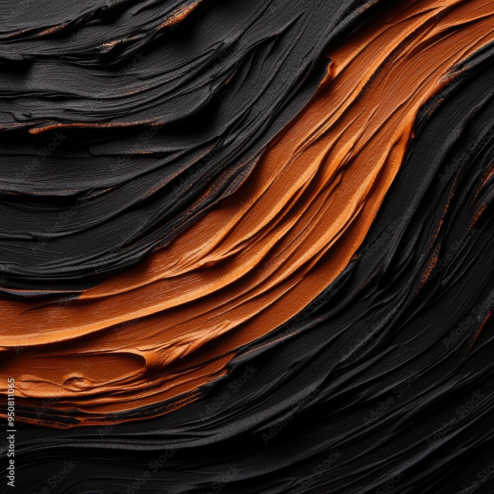 Poster abstract art: black and orange textured waves with acrylic paint strokes and visual patterns