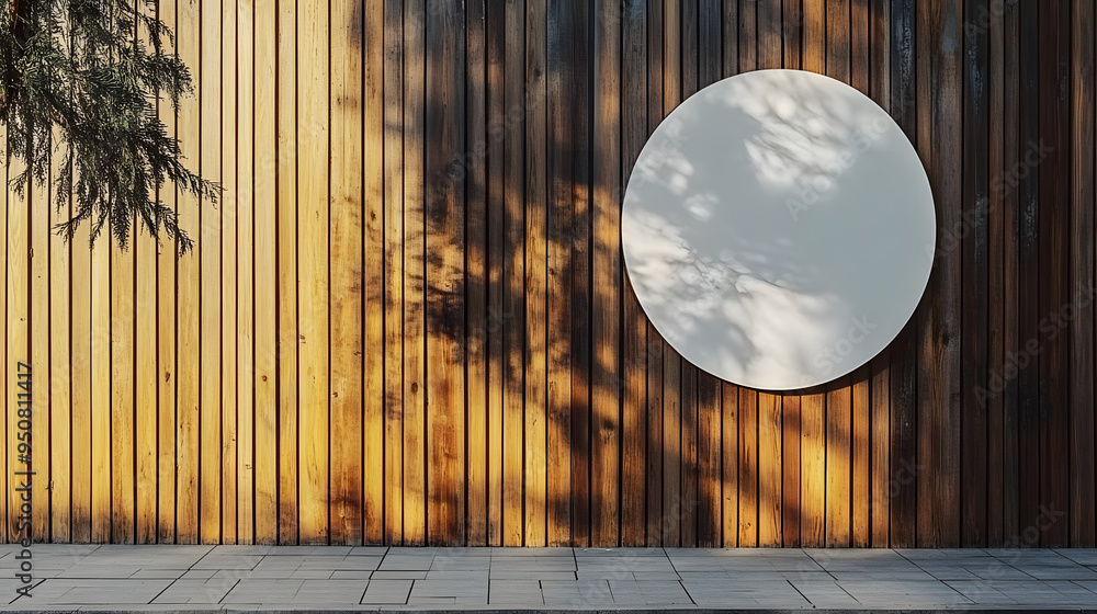 Wall mural a wooden wall hosts a circular mockup signboard, awaiting a storefront's branding in a street settin