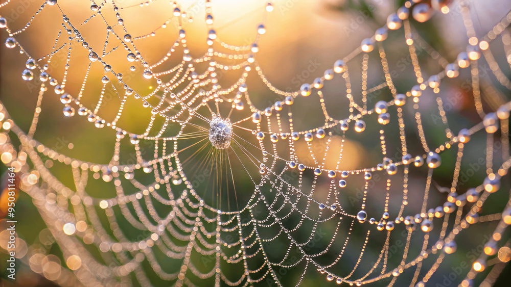 Wall mural a macro shot of a dew-covered spider web with droplets glistening in the early morning sunlight