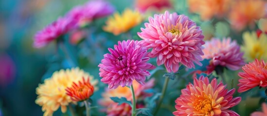 Obraz premium Beautiful Colorful Chrysanthemum Flowers In Garden
