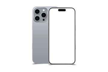 Set Mock-up of realistic Smartphones in titanium-plated. Two modern telephones. Front side with screen and back side with cameras isolated on white background with shadow. Flat vector illustration EPS