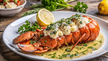 A meticulously detailed shot of a gourmet seafood dish featuring a lobster tail, garlic butter, and fresh herbs, presented on a fine dining plate