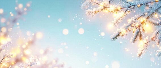 Christmas background with lights and snowflakes, white Christmas tree branches on the top edge of the picture, glowing lights, and a bokeh effect on a pastel blue sky background Generative AI