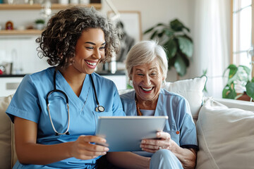 nurse doctor senior care tablet computer technology showing caregiver help assistence retirement home nursing elderly woman african american black happy laughing - Powered by Adobe