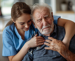 nurse doctor senior care caregiver help assistence retirement home nursing elderly sad depression alone loneliness health support family hand shoulder daughter