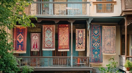 Obraz premium Colorful carpets hanging on balconies of restored traditional house in Old Town of Tbilisi, Georgia