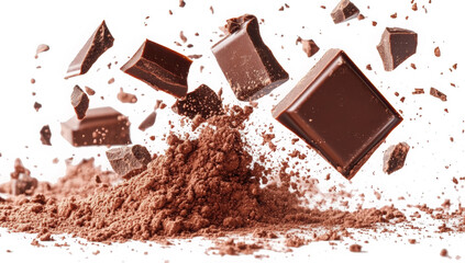 Pieces of chocolate floating or falling in mid air, isolated on transparent background
