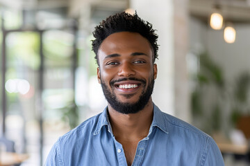 Cheerful handsome young African man head shot front portrait. Happy positive attractive male entrepreneur, startup leader, business professional in casual looking at camera with toothy smile