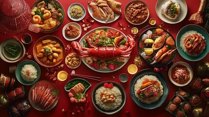 Fototapeta premium Traditional Chinese New Year Feast with Festive Dishes and Cultural Decorations on Display
