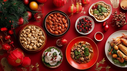 Traditional Chinese New Year Feast with Festive Dishes and Cultural Decorations on Display