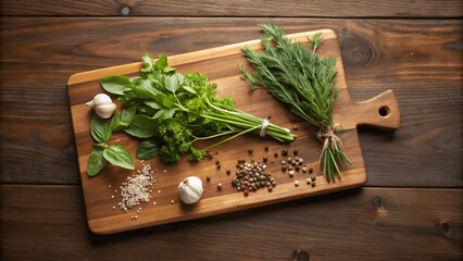 A realistic image of a polished wooden cutting board with fresh herbs and spices
