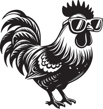 Black and white rooster wearing glassess silhouette design