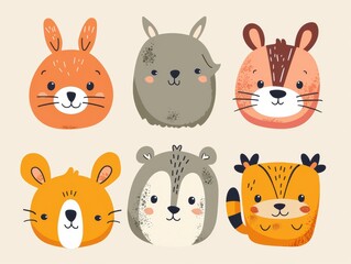 Obraz premium A collection of adorable, hand-drawn animal faces with expressive eyes, featuring various forest creatures in a cartoon style.