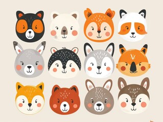 A collection of adorable, hand-drawn animal faces with expressive eyes, featuring various forest creatures in a cartoon style.