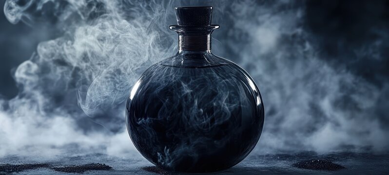 A round flask of thick, black liquid, with wisps of smoke swirling within