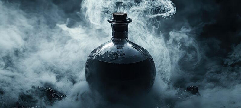 A round flask of thick, black liquid, with wisps of smoke swirling within