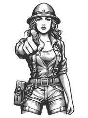 Obraz premium woman in military gear pointing forward, classic recruitment poster or wartime propaganda sketch engraving generative ai vector illustration. Scratch board imitation. Black and white image.