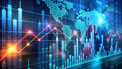 Stock Market Chart Trading Analysis Investments Financial, Stock Exchange, Technical Price Chart and Indicator, Red and Green Candles on Blue Screen. Stock trading is an upward trend.