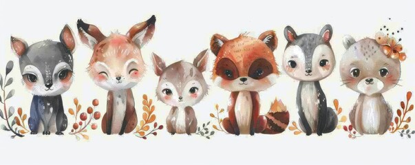 A collection of adorable, hand-drawn animal faces with expressive eyes, featuring various forest creatures in a cartoon style.