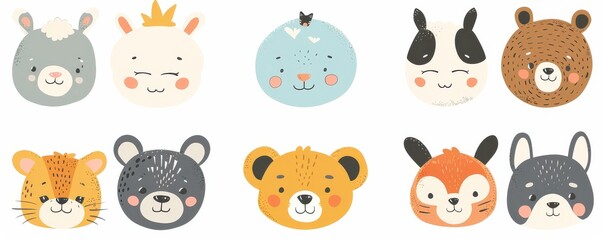 Obraz premium A collection of adorable, hand-drawn animal faces with expressive eyes, featuring various forest creatures in a cartoon style.