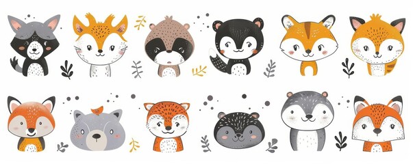 A collection of adorable, hand-drawn animal faces with expressive eyes, featuring various forest creatures in a cartoon style.