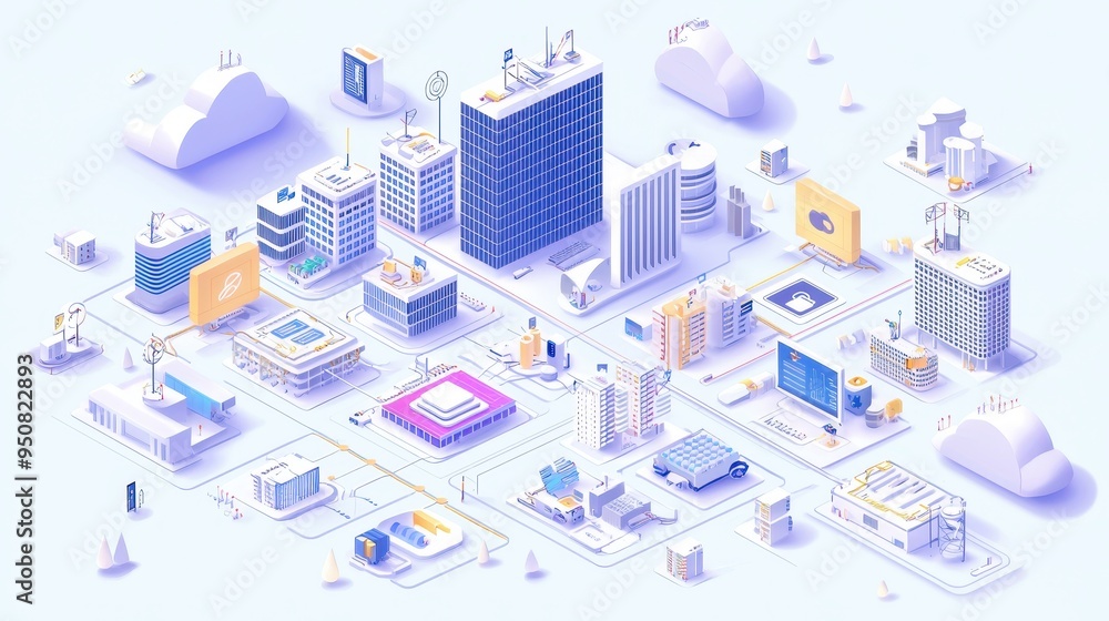 Poster d isometric illustration of cloud computing data center network with servers buildings and cloud ico