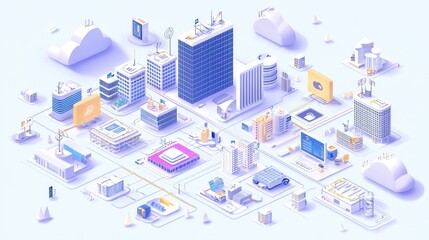 D Isometric Illustration of Cloud Computing Data Center Network with Servers  Buildings and Cloud Icons