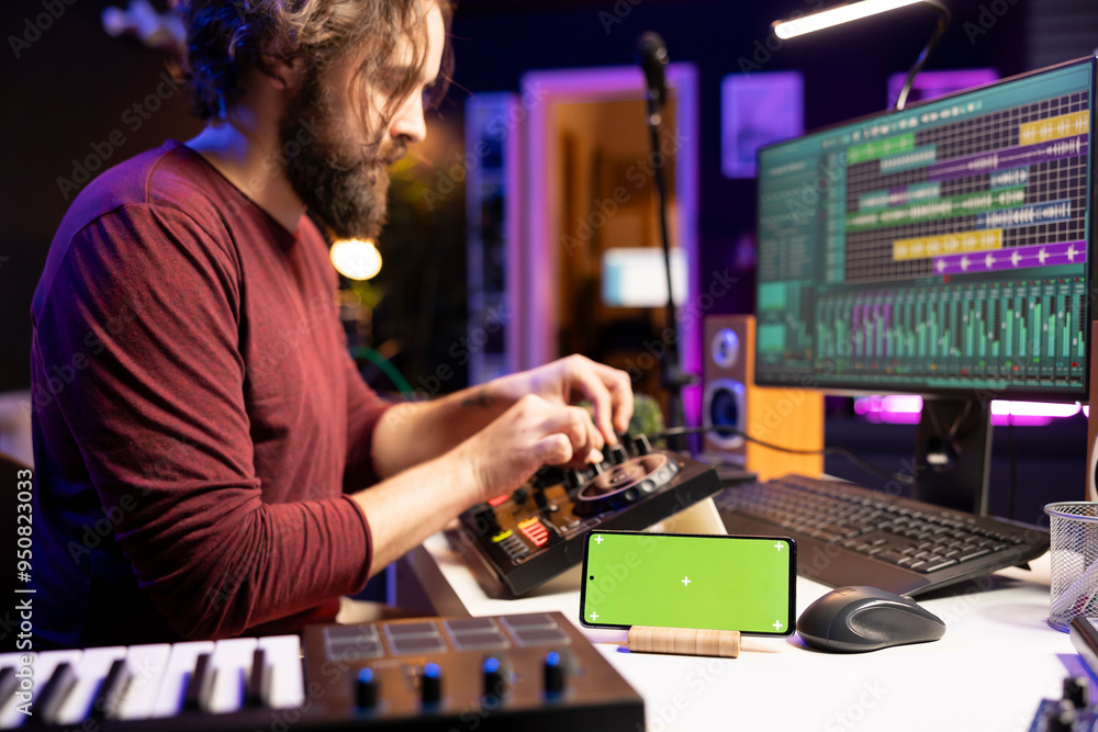 Leinwandbilder audio engineer uses knobs on stereo gear for mixing and mastering session, having a smartphone with 