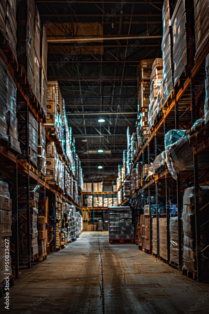 Poster a large warehouse filled with stacks of storage boxes
