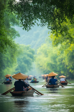 Photo of People Rowing on the Li River in Yangshuo, China