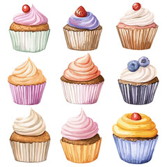 Set of Cupcakes Watercolor Clipart Illustration
