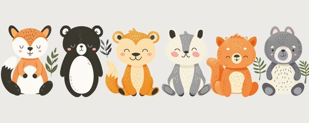 Obraz premium A collection of adorable, hand-drawn animal faces with expressive eyes, featuring various forest creatures in a cartoon style.