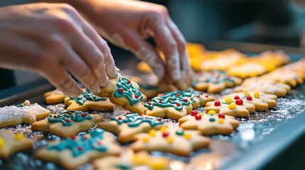 Holiday-Themed Cookies Being Prepared by a Baker with Festive Dough Shapes and Colorful Icing