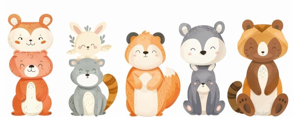 Obraz premium A collection of adorable, hand-drawn animal faces with expressive eyes, featuring various forest creatures in a cartoon style.