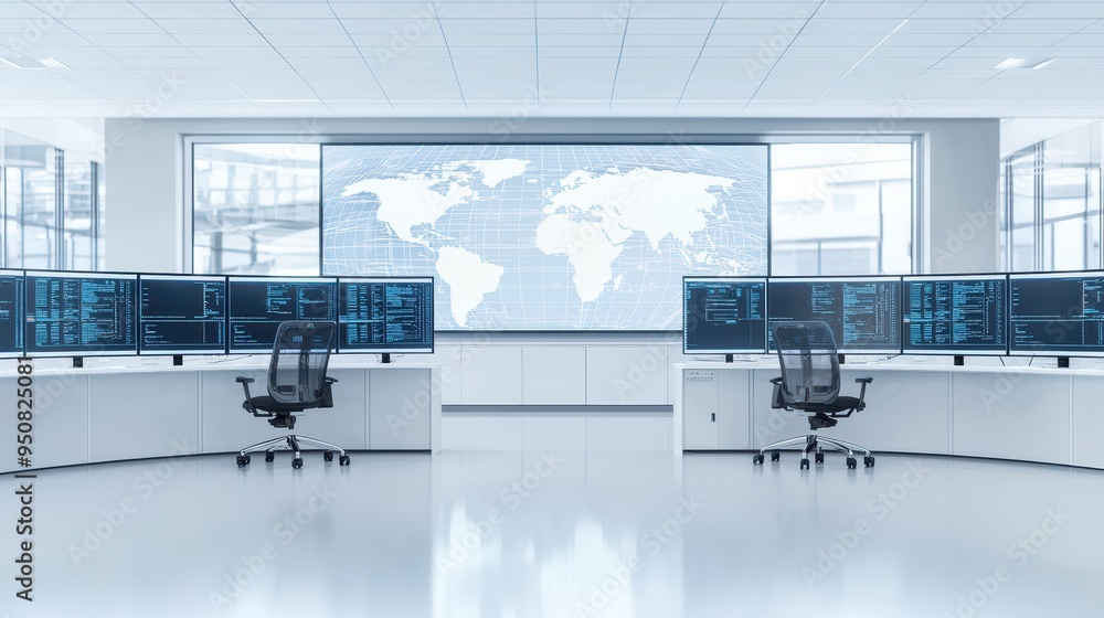 Poster modern control room with computer screens world map and desks