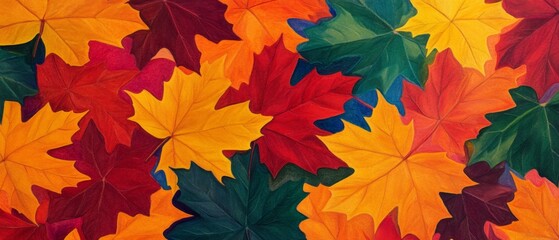 Fototapeta premium A painting of many different colored leaves, including red, yellow, and green