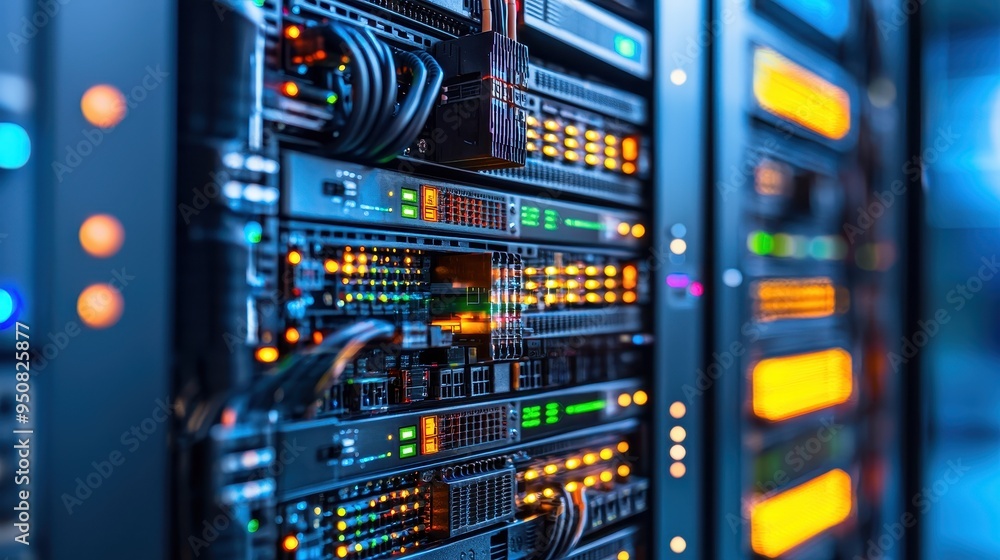 Poster server rack with lights and cables in data center