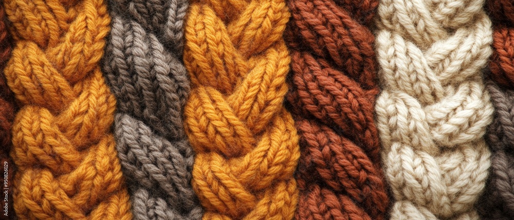 Poster a row of knitted yarns with different colors and textures
