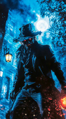 Sinister scarecrow with red glowing eyes stands menacingly in a foggy night, illuminated by the moonlight