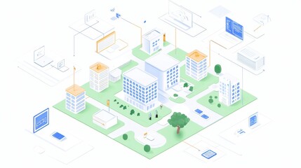 Obraz premium Isometric Illustration of City Buildings Connected by Network Lines