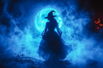 Obraz premium A shadowy witch silhouette stands under a glowing full moon, surrounded by mist, creating a spooky and magical Halloween night scene