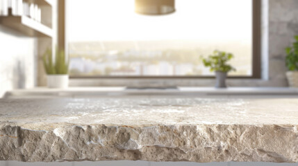 Stone table top in front, kitchen background, fuzzy background, interior design, minimalist design, white tone, interior, lots of blank space