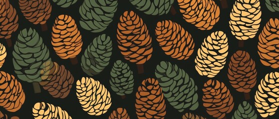 A pattern of pine cones in various colors and sizes