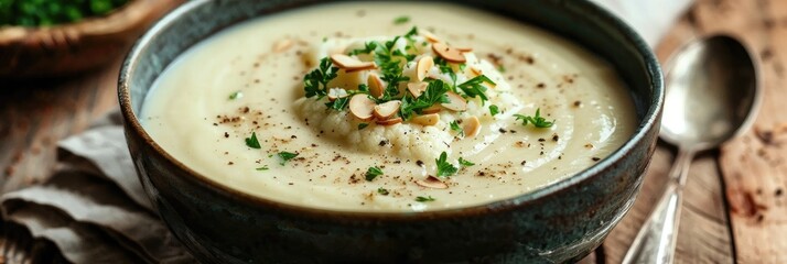 Creamy cauliflower soup with almonds served in a dining setting