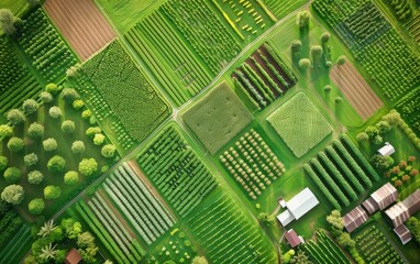 Aerial view of vibrant green farmlands showcasing diverse crops and eco-friendly equipment at peak growth season