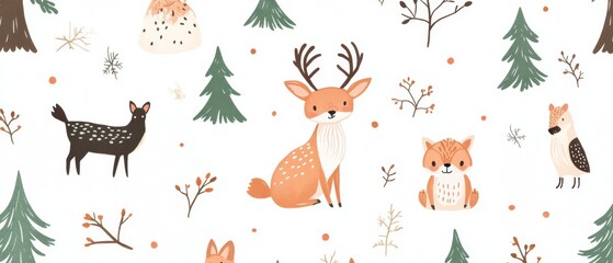 A forest scene with animals such as deer, rabbits, and birds
